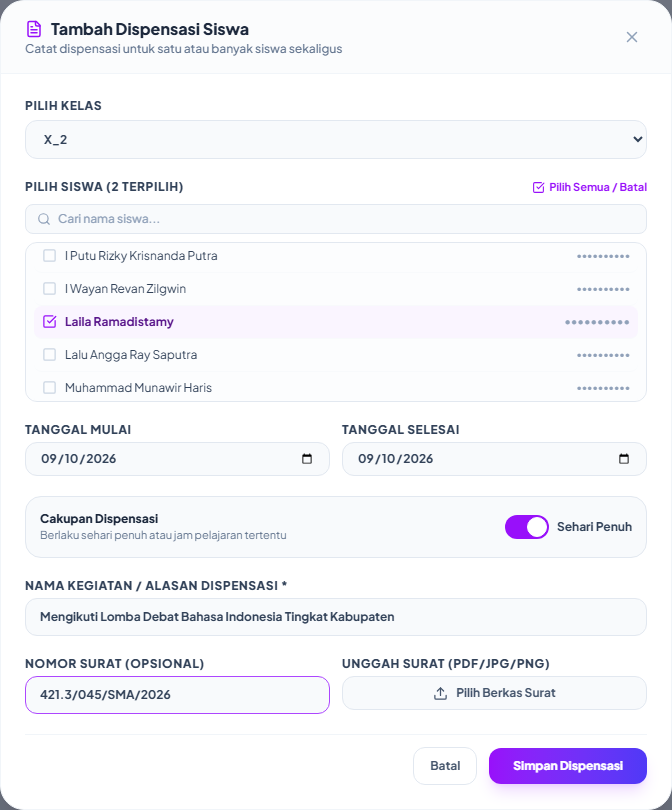 Formulir Tambah Dispensasi Siswa