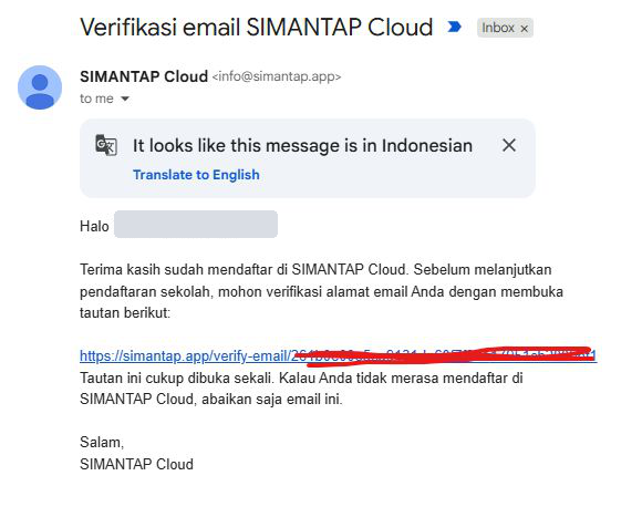 Email verifikasi SIMANTAP Cloud