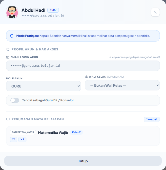 Kelola Guru mode pratinjau kepala sekolah