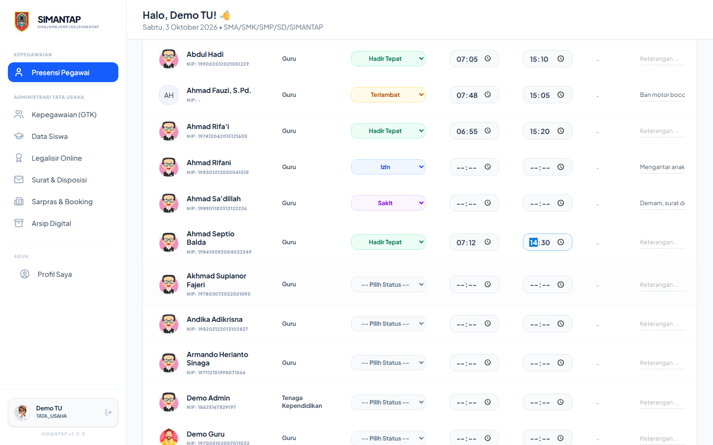 Mengisi status presensi beberapa pegawai