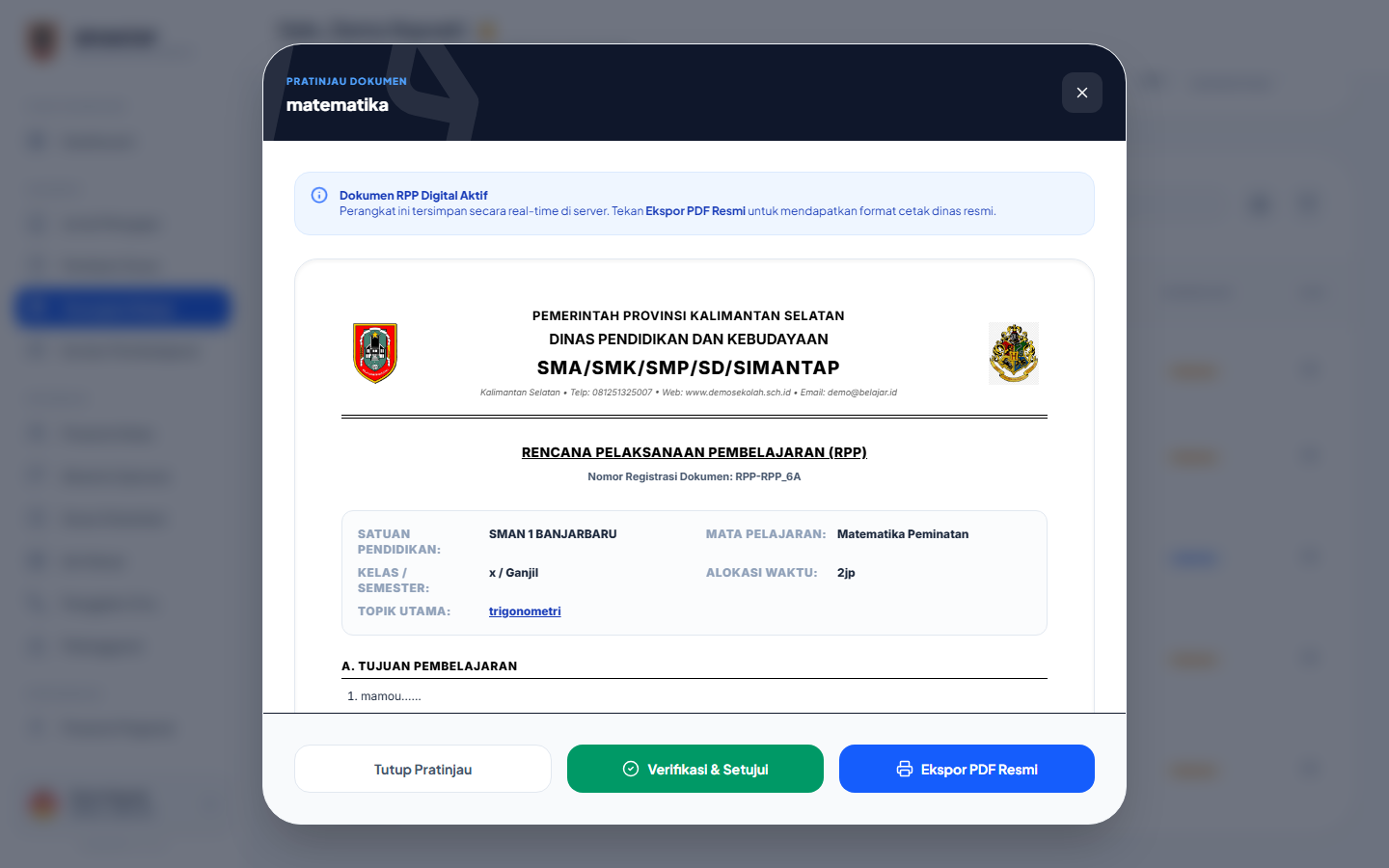 Pratinjau RPP dengan tombol Verifikasi & Setujui