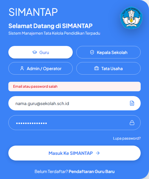 Pesan email atau password salah