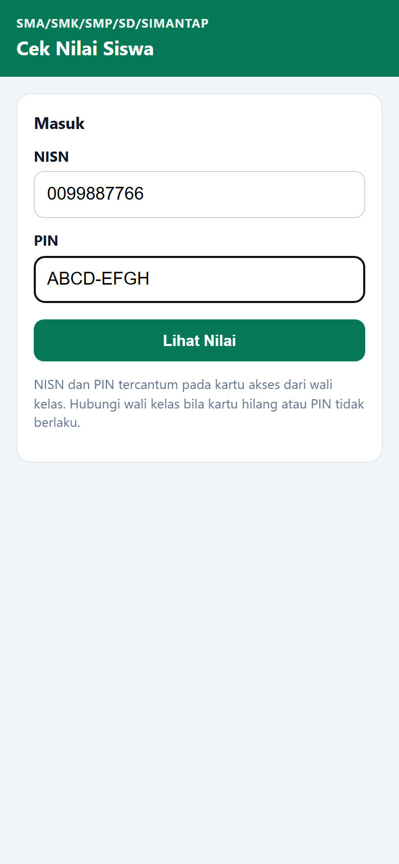 Halaman masuk Cek Nilai Siswa