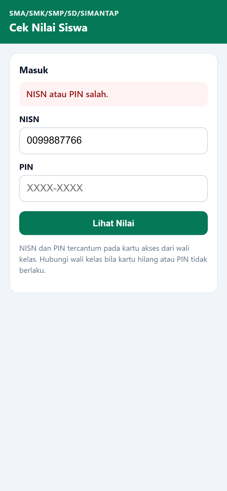 Pesan NISN atau PIN salah