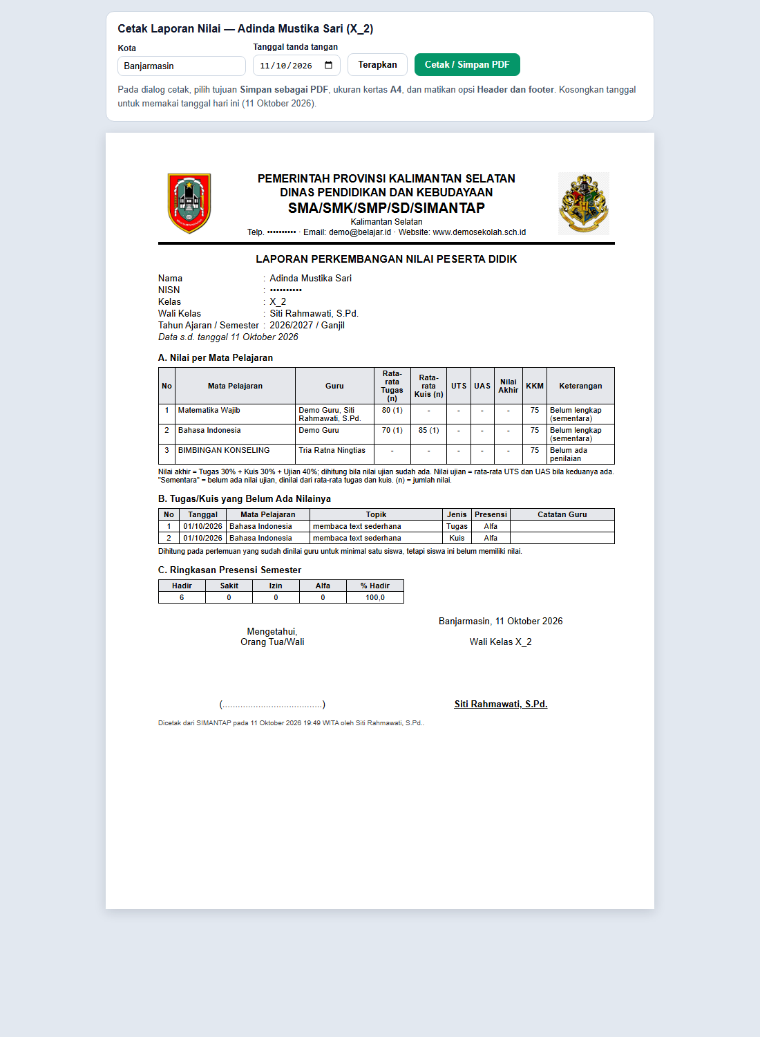Laporan Perkembangan Nilai Peserta Didik