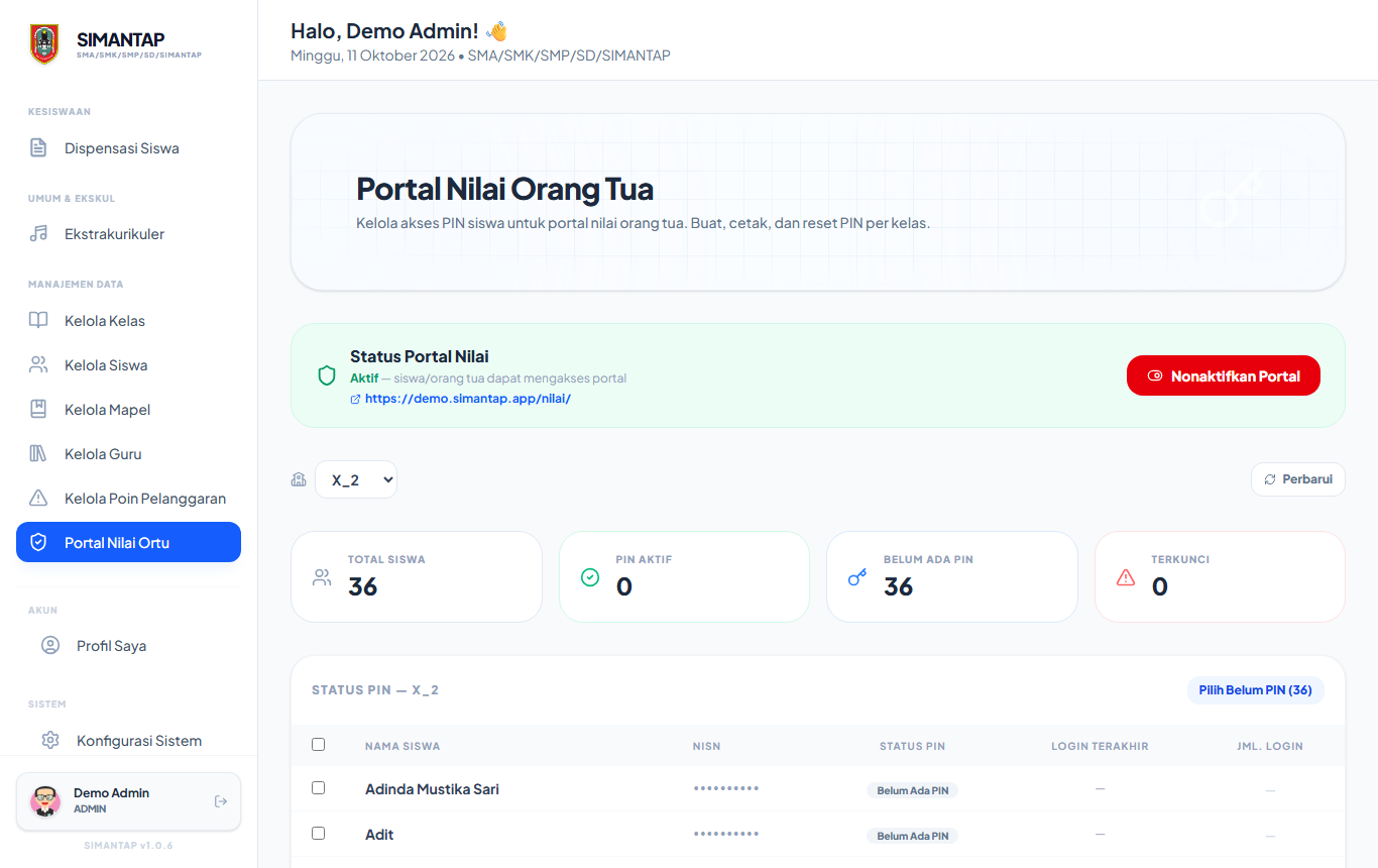 Halaman Portal Nilai Orang Tua dilihat admin