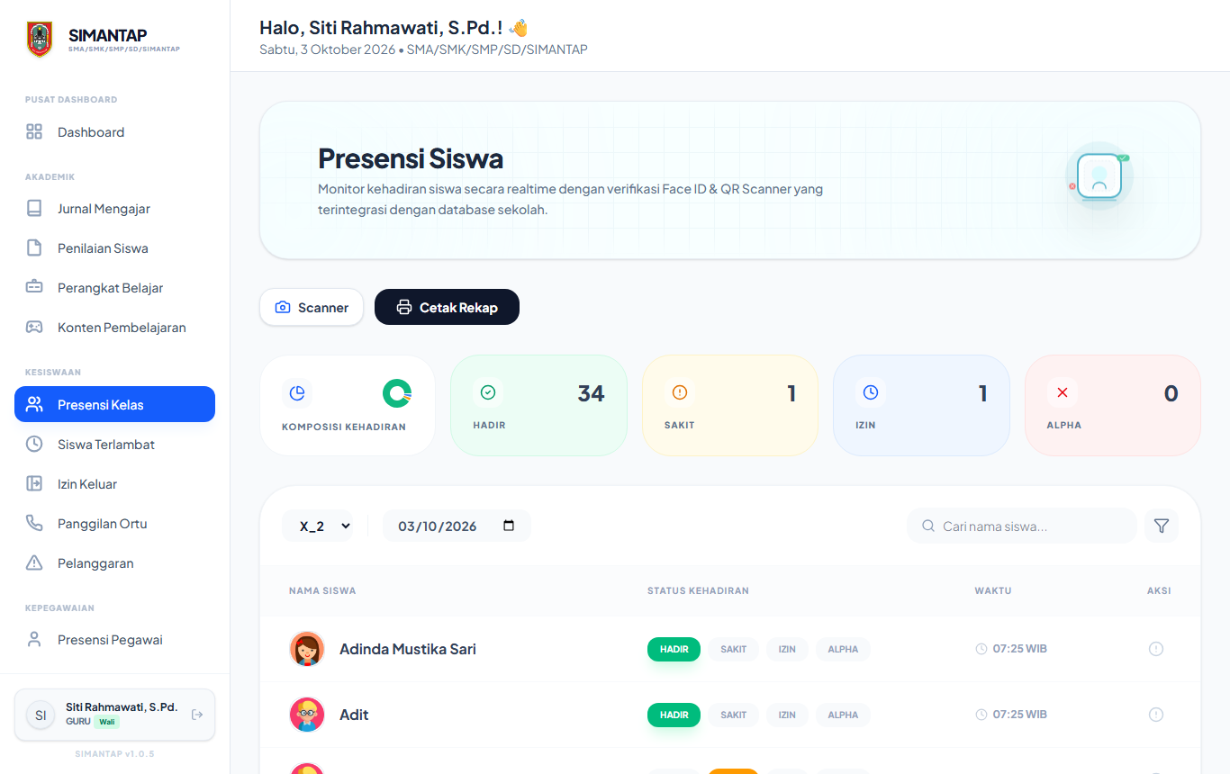 Halaman Presensi Kelas wali kelas