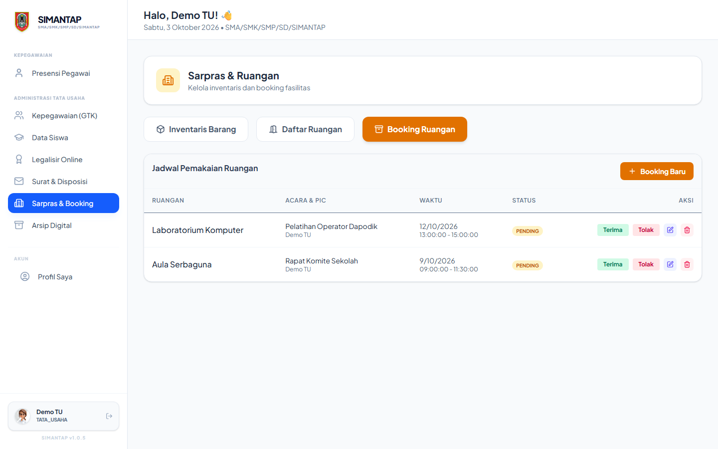 Jadwal pemakaian ruangan dengan status Pending