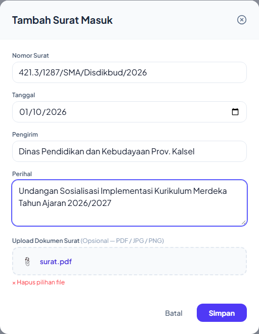 Formulir Tambah Surat Masuk
